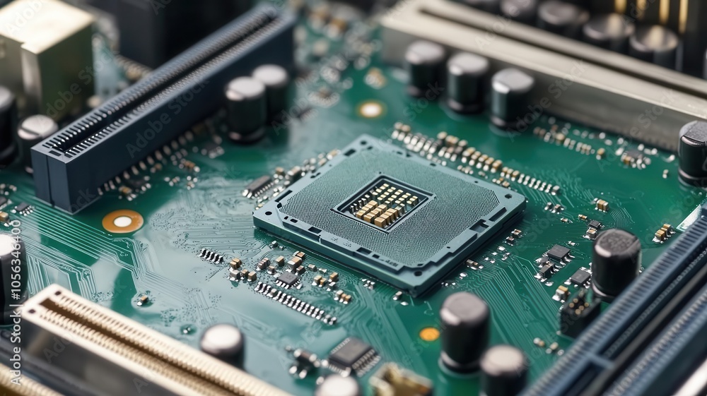 Poster a close-up of a circuit board featuring a central processing unit, showcasing intricate designs and 