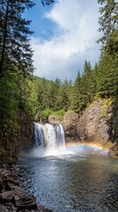 Waterfall creating rainbow in lush pacific northwest forest