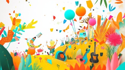 A whimsical depiction of kiwi characters enjoying a music festival, surrounded by colorful decorations, set against a bright white background