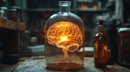 A glowing human brain inside a glass jar, with a corked bottle in the background.