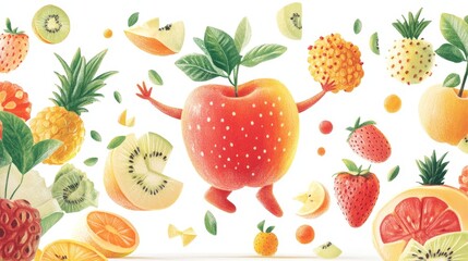 A whimsical drawing of a custard apple dancing with other fruits, creating a joyful scene against a bright white background