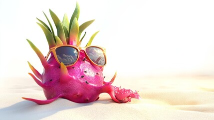 Obraz premium A whimsical drawing of a dragon fruit enjoying a sunny day at the beach, complete with sunglasses, set against a bright white background for a cheerful atmosphere
