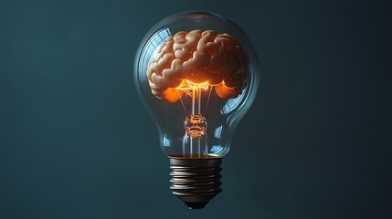 A human brain inside a glowing lightbulb, representing an idea, innovation, or knowledge.