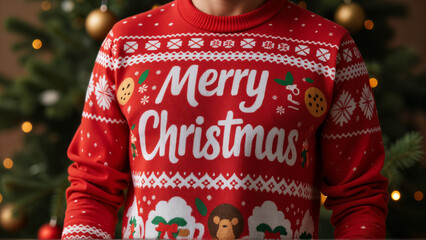 A Vibrant Ugly Christmas Sweater Featuring Merry Christmas Text Embellished with Drawings of Holiday Treats and Cocoa Cups