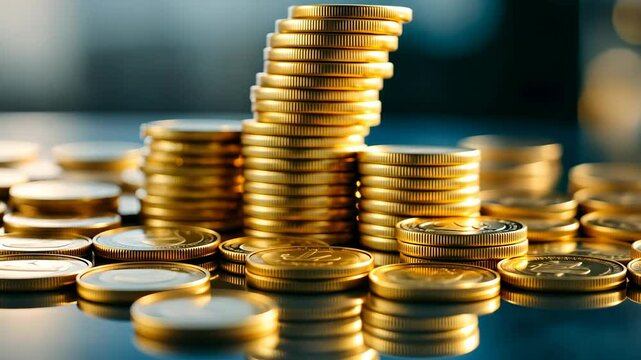 Pile of gold coins money stack in finance treasury deposit bank account saving . Concept of corporate business economy and financial growth by investment in valuable asset to gain cash revenue Video