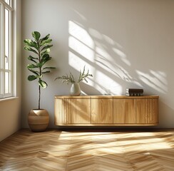 Wooden Sideboard with Parquet Floor and Green Plant in Cozy Minimalist Coastal Bedroom