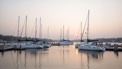Fototapeta premium Sailboats Gracefully Docked at Serene Terminals Reflecting Sunset Hues on a Calm Waterfront