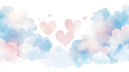A whimsical scene of heart-shaped clouds in shades of blue and light pink, set against a bright white background, perfect for celebrating love and happiness