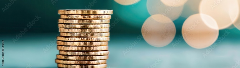 Poster a stack of shiny coins is set against a blurred background with a soft bokeh effect, emphasizing wea