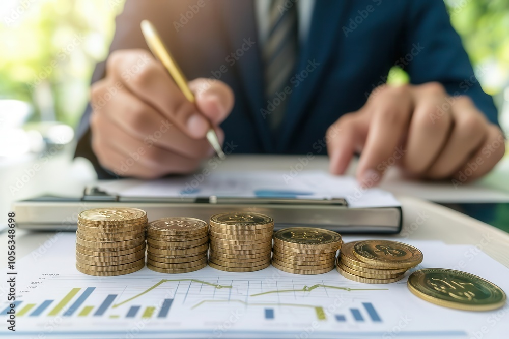 Poster a business professional analyzes financial data while examining a stack of coins and graphs, symboli