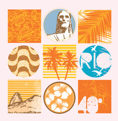 Colorful vector illustration of composition with tourist attractions in the city of Rio de Janeiro, Brazil. Stylized art representing the city in summer.