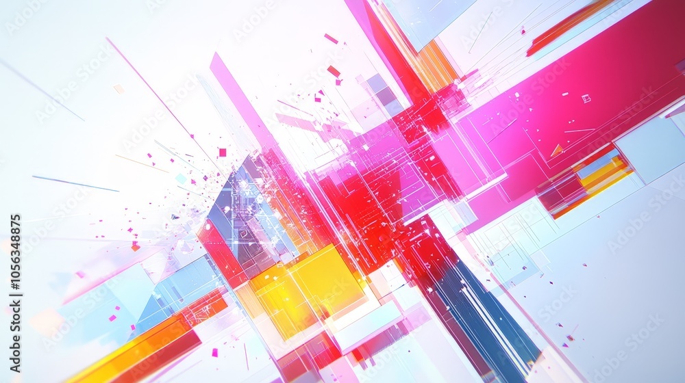 Poster abstract geometric shapes with light technology elements on a white background