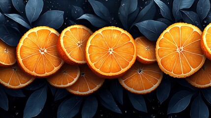 A seamless pattern of orange slices with green leaves on a dark background.