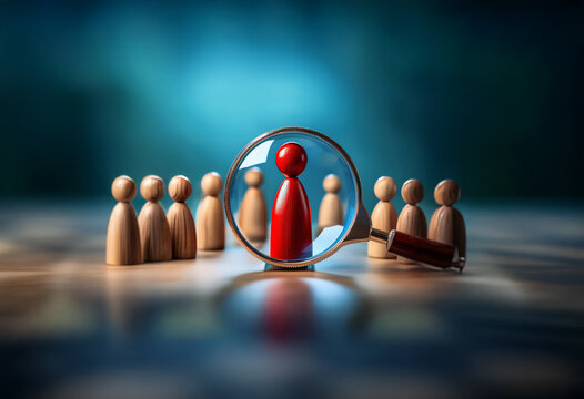 A magnifying glass focuses on a single red figure, highlighting it amongst a group of wooden figures.