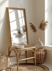 Scandinavian Boho Interior with Blank Poster Frame on Rattan Table