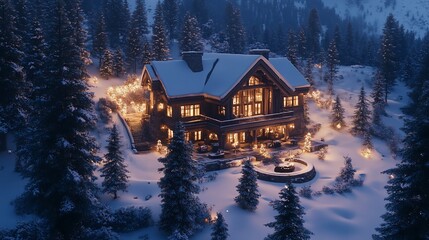 Obraz premium A cozy wooden cabin nestled in a snowy forest with warm lights glowing from within.