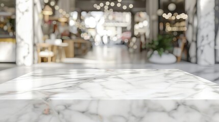 White marble table with blurred shop background for product display