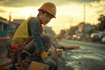 Portrait of construction worker in construction road making, Selective focus asian man wearing hard hat and safety vest in construction site.