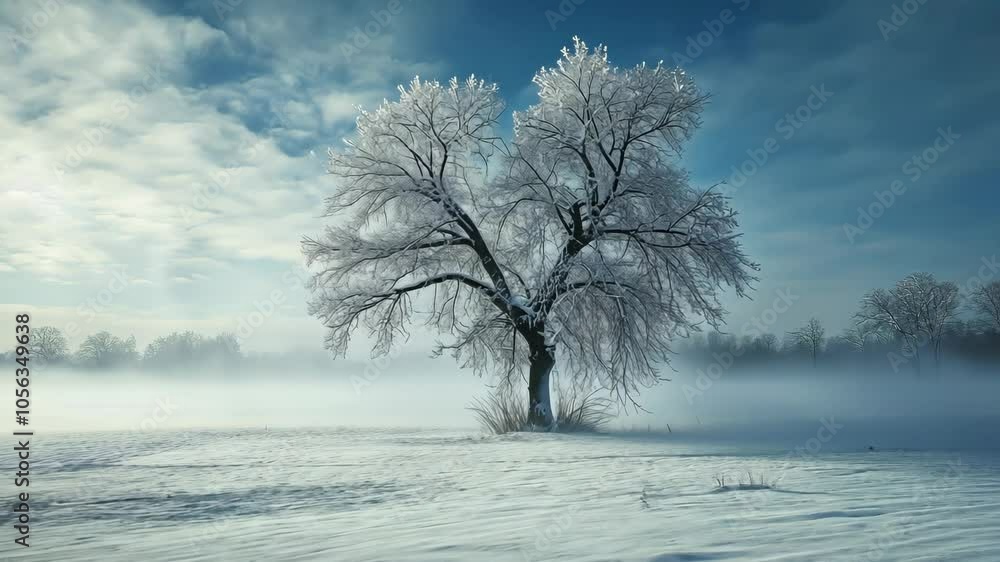 Poster winter fog rolling through a snowy landscape, with trees and fields partially obscured by the mist, 
