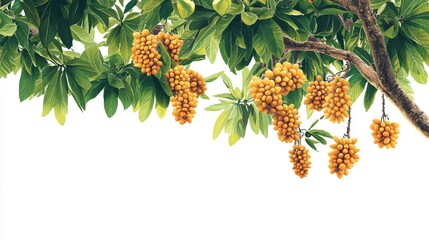 An artistic illustration of a canistel tree with ripe fruits hanging, captured against a bright white background for a tropical feel
