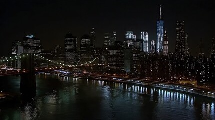 Night skyline view of urban city with glowing lights