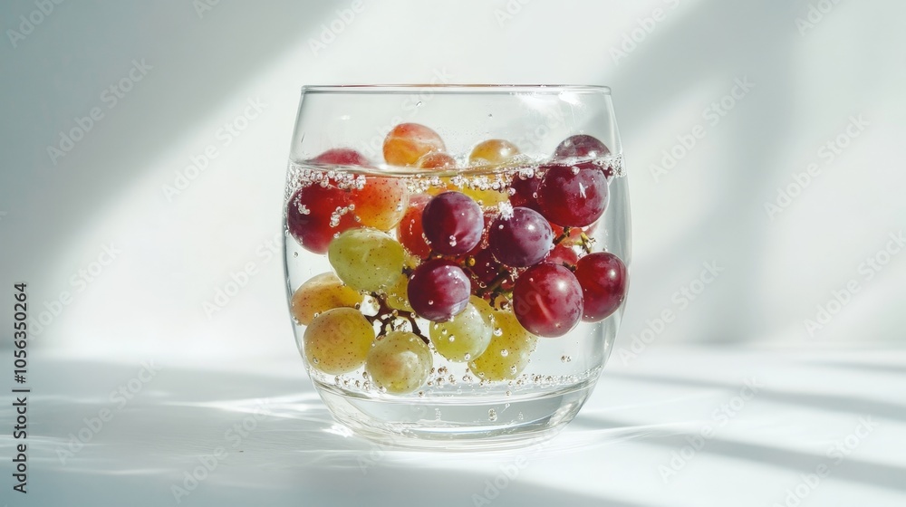 Poster an artistic rendering of grapes floating in a glass of sparkling water, capturing their vibrancy aga