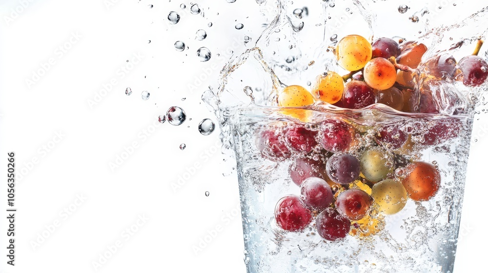 Poster an artistic rendering of grapes floating in a glass of sparkling water, capturing their vibrancy aga
