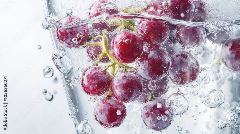 Poster an artistic rendering of grapes floating in a glass of sparkling water, capturing their vibrancy aga