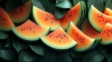 A close-up view of juicy watermelon slices, arranged in a pattern on a bed of lush green leaves.