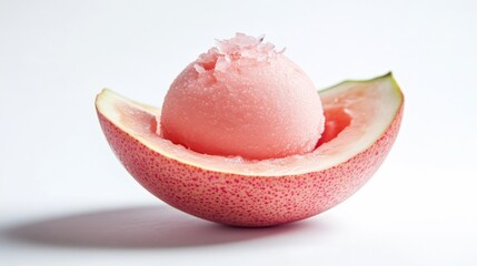 An artistic rendering of guava sorbet served in a half guava shell, elegantly presented against a bright white background for a cool dessert