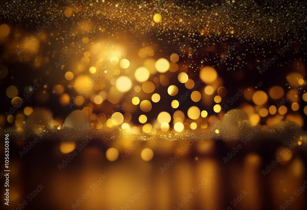Aufkleber a dark background with sparkling gold bokeh and reflective surface.