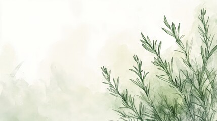 An artistic representation of rosemary in watercolor style, blending soft greens with gentle strokes, creating a serene image on a white background