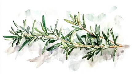 An artistic representation of rosemary in watercolor style, blending soft greens with gentle strokes, creating a serene image on a white background