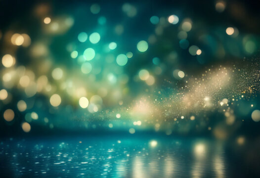 Abstract background with a shimmering surface reflecting out of focus glowing lights.