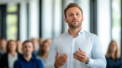 Confident businessman delivering a presentation to a professional audience in a modern office setting, demonstrating leadership and engagement.