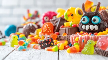 An eerie display of Halloween candy, featuring wrapped chocolates, candy corn, and colorful gummy creatures against a white backdrop