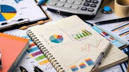 A close-up shot of a notebook with colorful charts and graphs. There are other business papers on the desk.