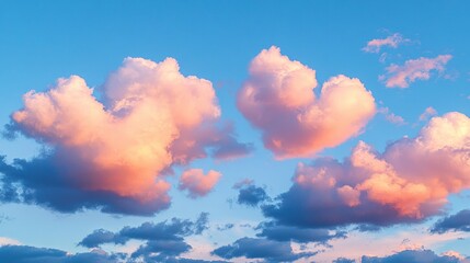 An idyllic scene featuring heart-shaped clouds in a blend of blue and light pink, offering a refreshing view that uplifts the spirit