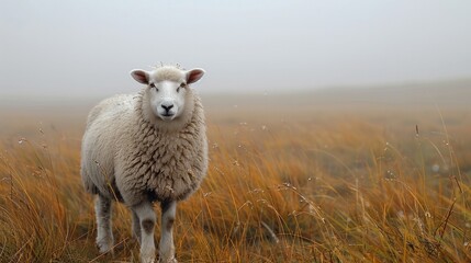 Fototapeta premium White sheep stands in a field of tall, golden grass with fog in the background. AI generative. .