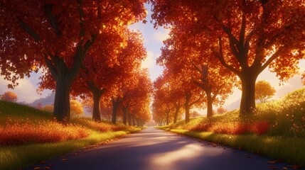 Naklejka premium Serene Autumn Road with Vibrant Orange Trees