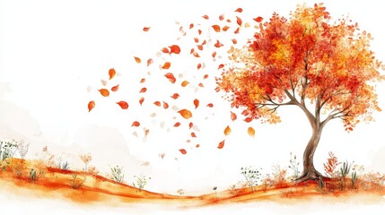 Artistic depiction of an autumn tree with falling leaves and nearby plant life against a white canvas