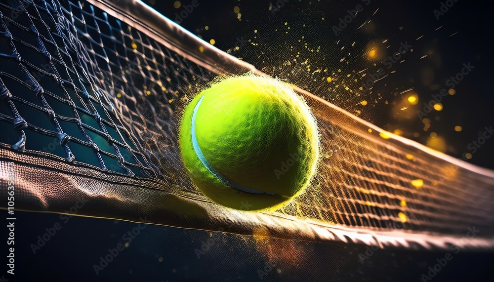 Aufkleber a vibrant green tennis ball collides with a net, creating a dynamic splash of color and energy in a 