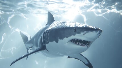 Artistic rendering of a shark underwater, emphasizing its impressive size and detailed features with a white background