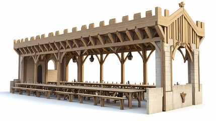 Fototapeta premium 3d render, low poly style of medieval banquet hall with long tables, on isolated white background. Medieval Banquet Hall. Illustration