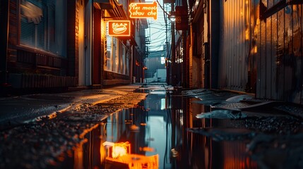 Obraz premium Urban Alleyway at Dusk with Neon Signs
