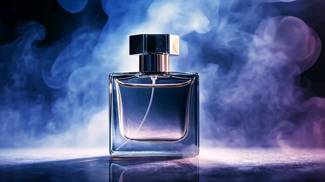 A bottle of perfume sits on a reflective surface, surrounded by a swirling cloud of blue smoke