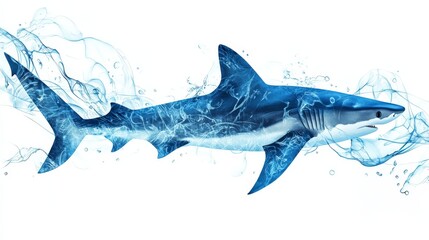 Artistic representation of a shark fish beneath the waves, with detailed fins and body contours illustrated against a white background