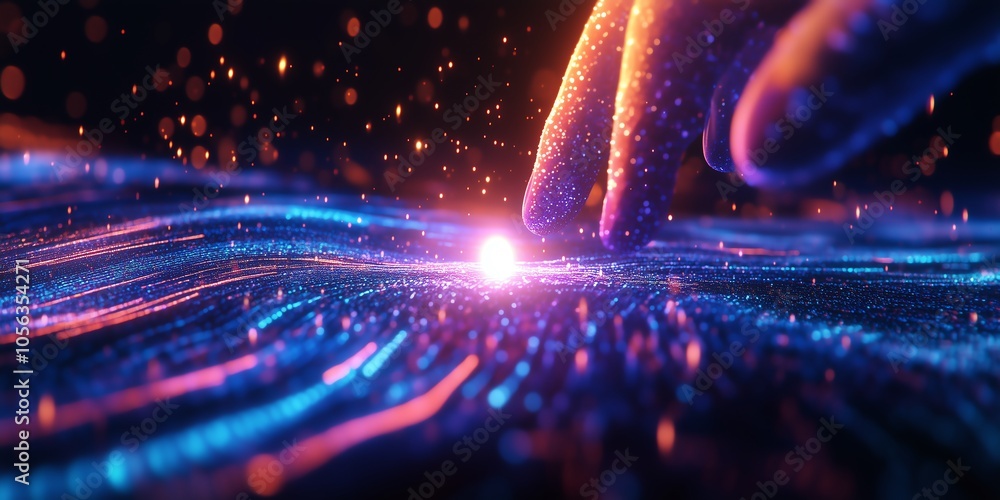 Poster futuristic hand touching a glowing dot with soft light beams and geometric patterns, representing in