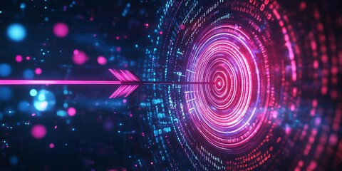 Fototapeta premium 3D Target with an Arrow Striking the Center, Representing Digital Precision and Objectives in a Binary Code Background