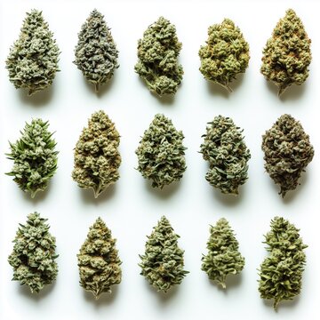 Cannabis Flower Bud Collection, Medicinal THC CBD THCa Set, Delta-8 Delta-9 Ganja Marijuana Nug Isolated on White Background